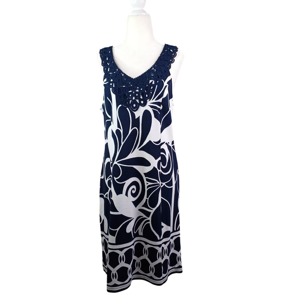 Crown & Ivy Women Stretch‎ Knit Sheath Dress S Navy White Crochet Preppy Resort